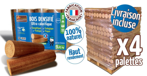 Bûches calorifiques Woodstock – 1 palette, 104 sacs de 5 bûches