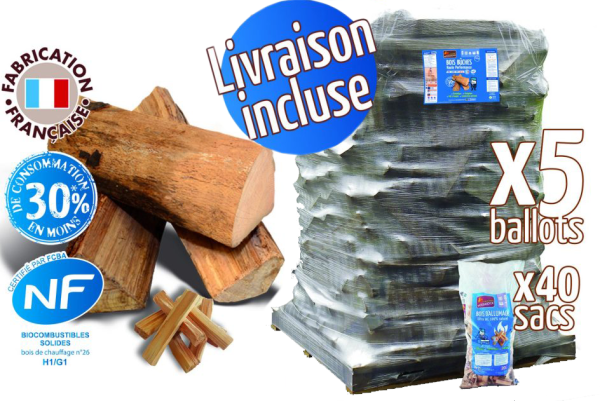 Bois de chauffage – bûches 25 cm, 5,67 m³, 9,45 stères + 24 sacs de bois d’allumage