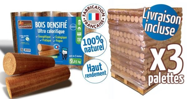 Bûches calorifiques Woodstock – 3 palettes, 312 sacs de 5 bûches